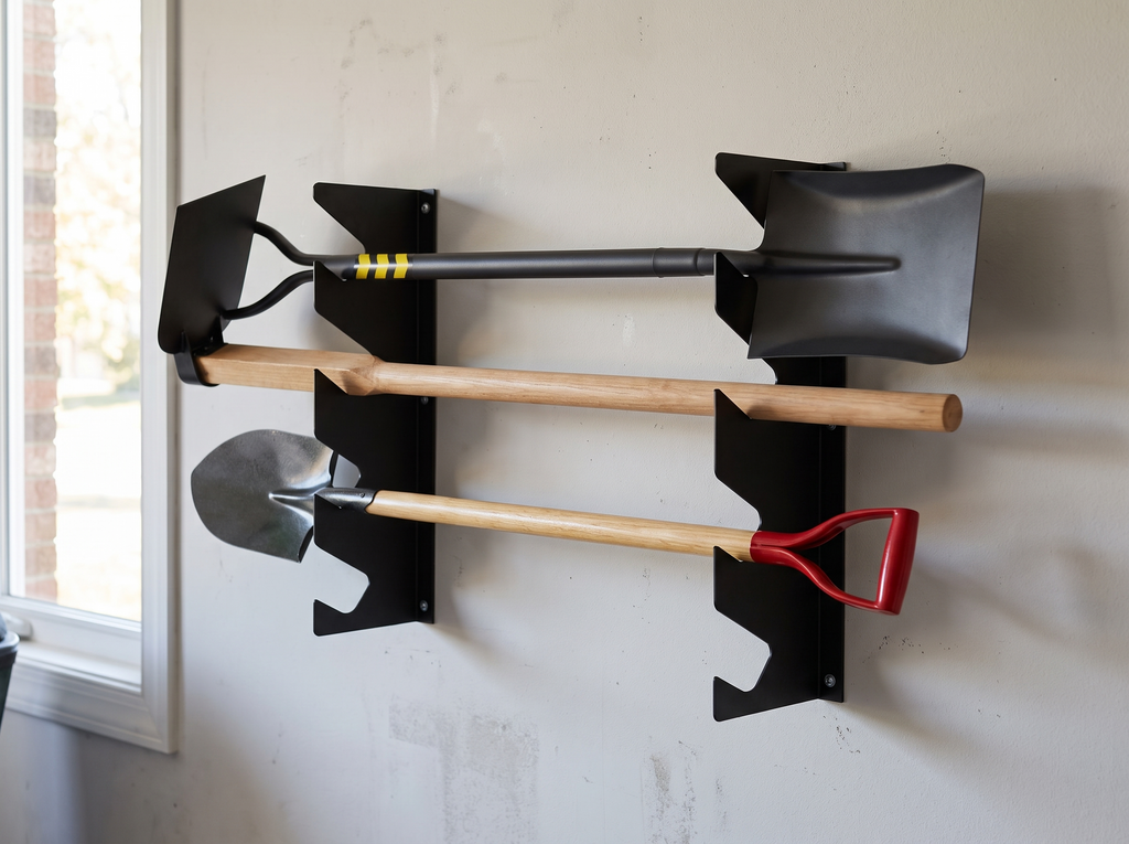 Wall-Mounted Metal Tool Rack for Garage, Shed, or Garden Organization in a realistic home setting