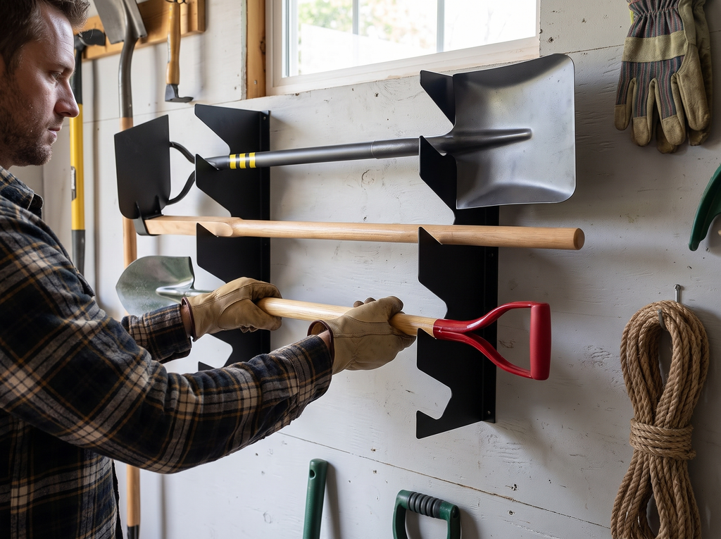 Wall-Mounted Metal Tool Rack for Garage, Shed, or Garden Organization shown in natural everyday use at home