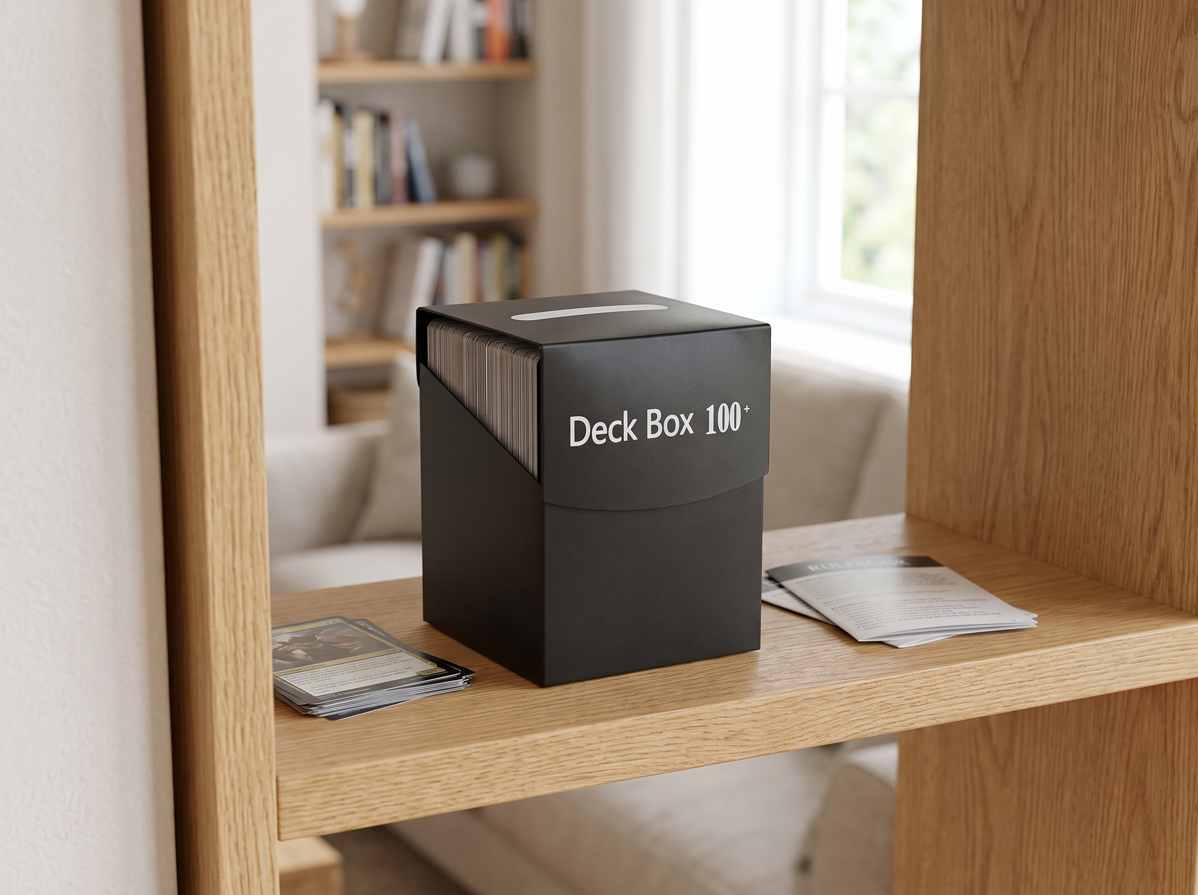 Colorful Card Deck Storage Box for Trading & Game Cards, Holds 100+ Cards in a realistic home setting