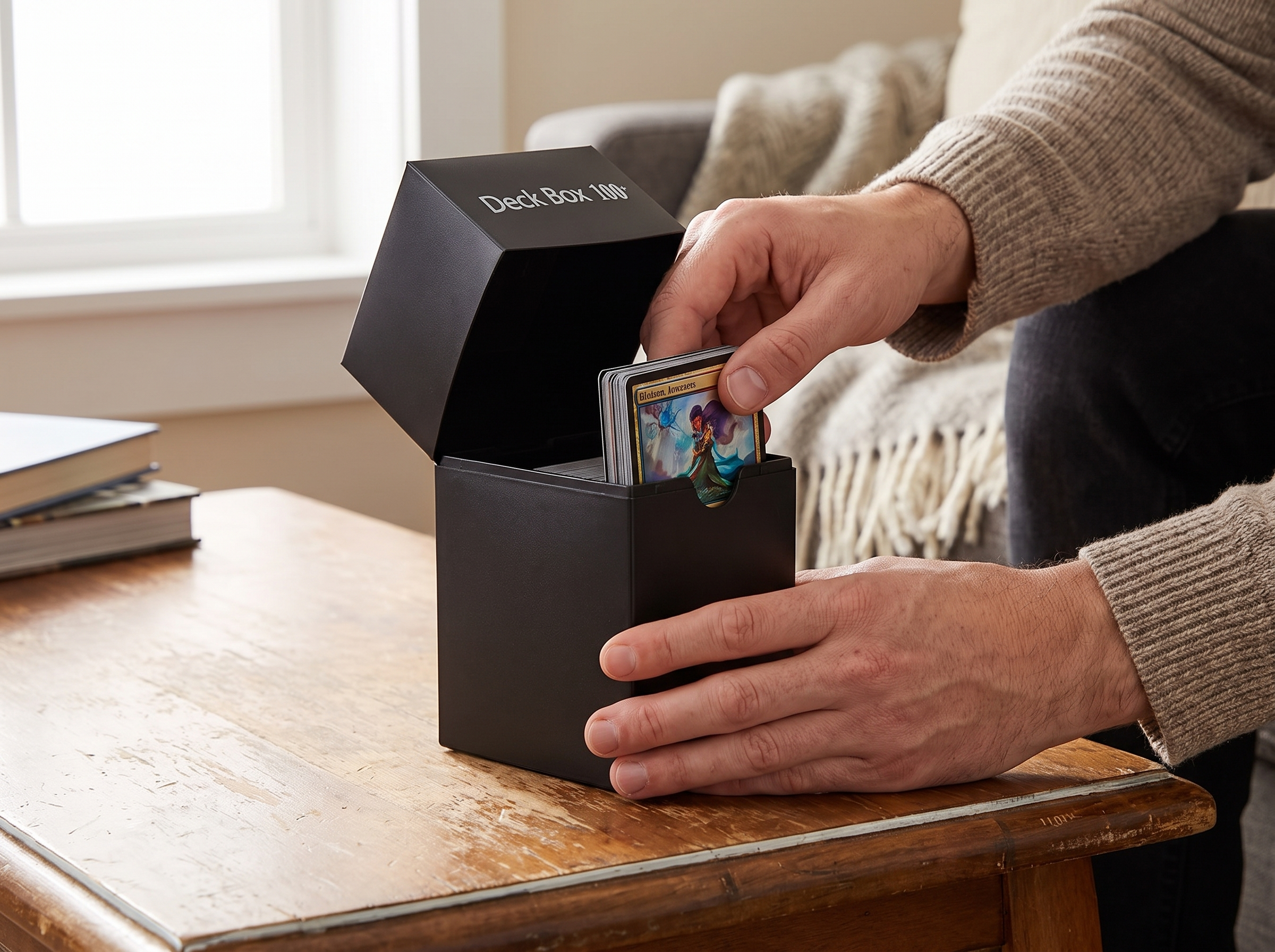 Colorful Card Deck Storage Box for Trading & Game Cards, Holds 100+ Cards shown in natural everyday use at home
