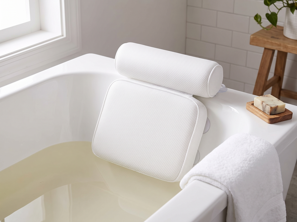 Supportive Air Mesh Bath Pillow for Neck and Back Comfort in Any Bathtub in a realistic home setting