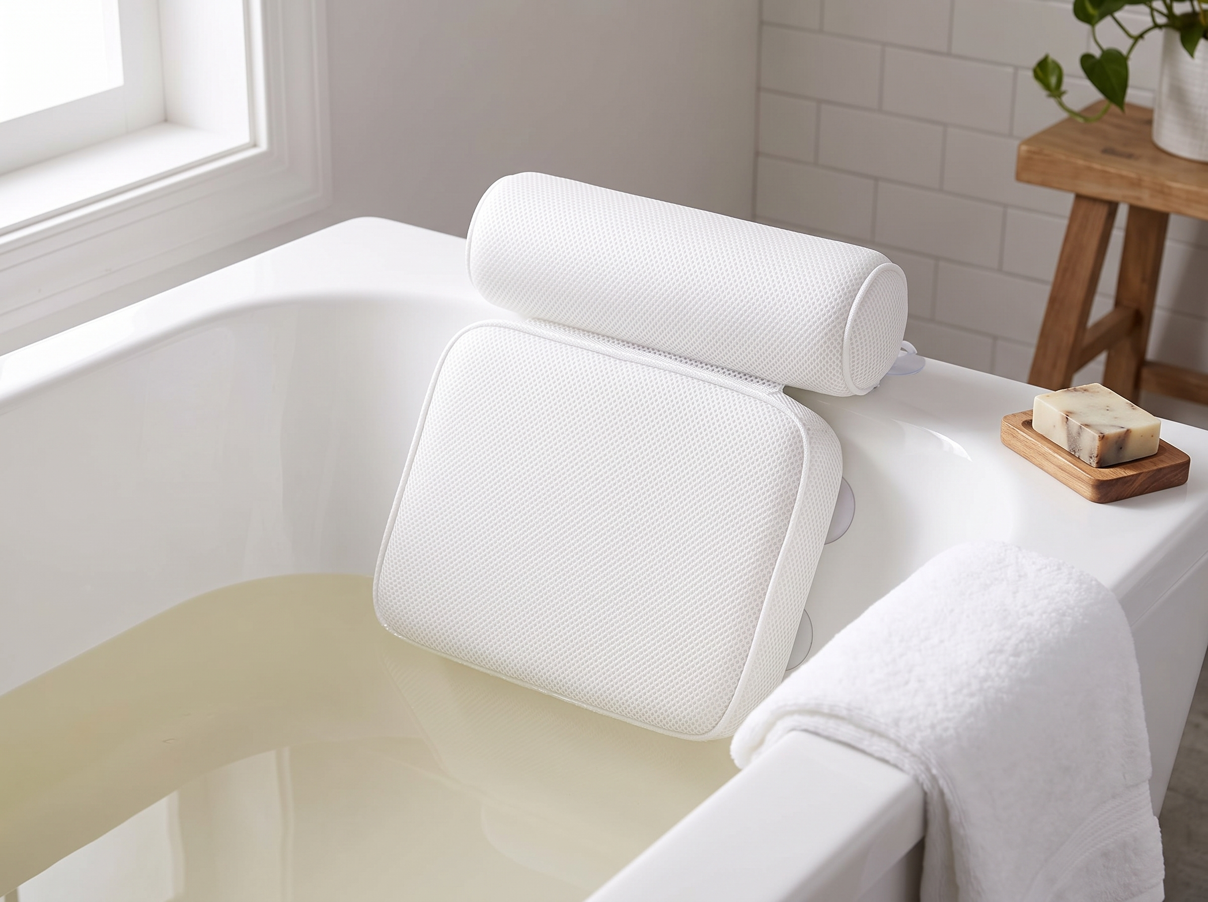 Supportive Air Mesh Bath Pillow for Neck and Back Comfort in Any Bathtub in a realistic home setting