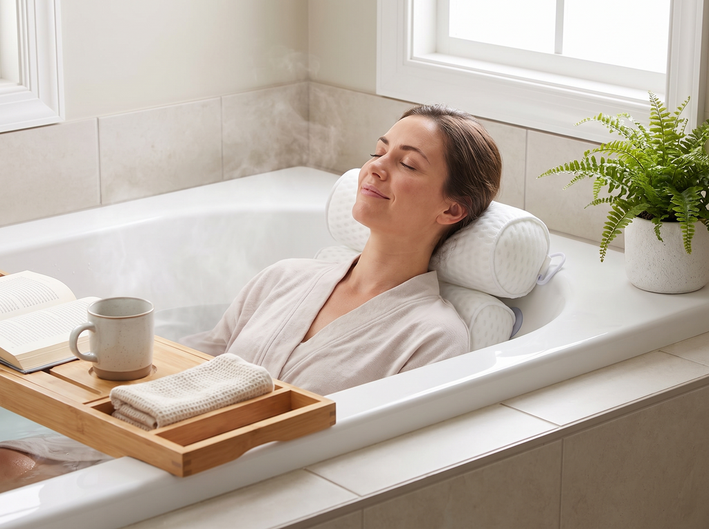 Supportive Air Mesh Bath Pillow for Neck and Back Comfort in Any Bathtub shown in natural everyday use at home