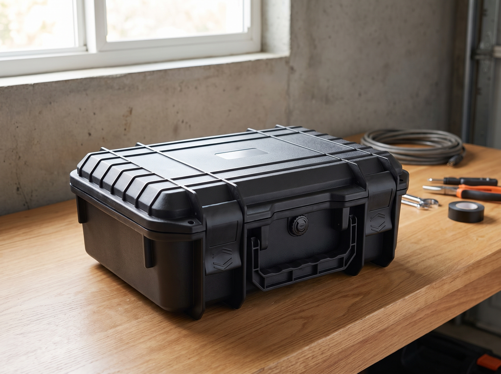 Waterproof Hard-Shell Storage Case for Tools, Gadgets, and Small Electronics in a realistic home setting