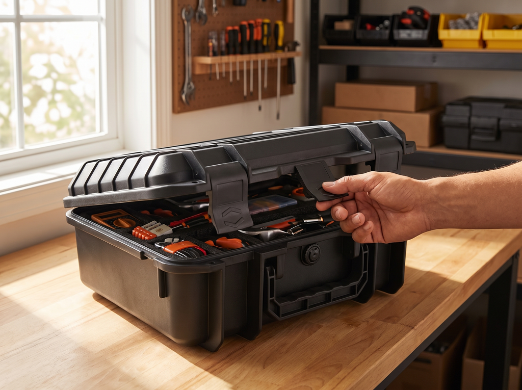 Waterproof Hard-Shell Storage Case for Tools, Gadgets, and Small Electronics shown in natural everyday use at home