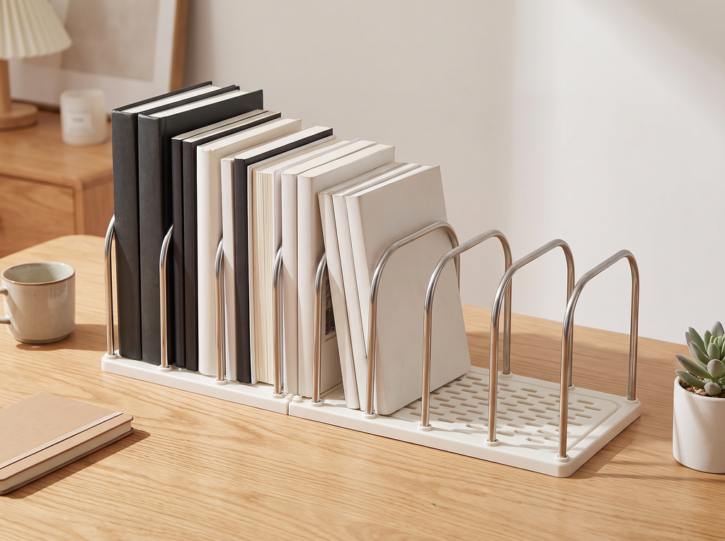 Minimalist Desk Bookshelf Organizer with Metal Dividers for Office or Study in a realistic home setting