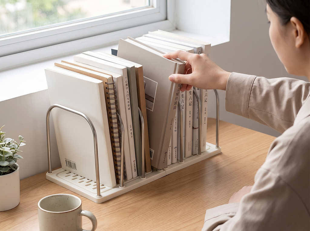 Minimalist Desk Bookshelf Organizer with Metal Dividers for Office or Study shown in natural everyday use at home
