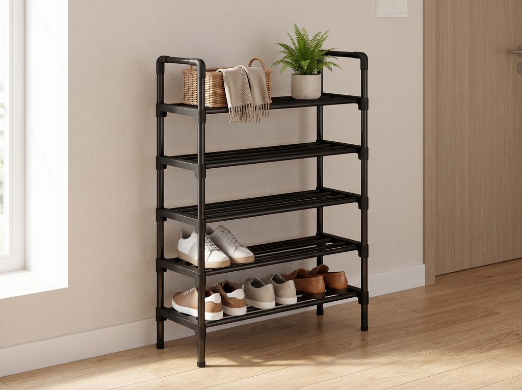 Narrow 5-Tier Stackable Shoe Rack for Entryway, Closet, or Bedroom in a realistic home setting