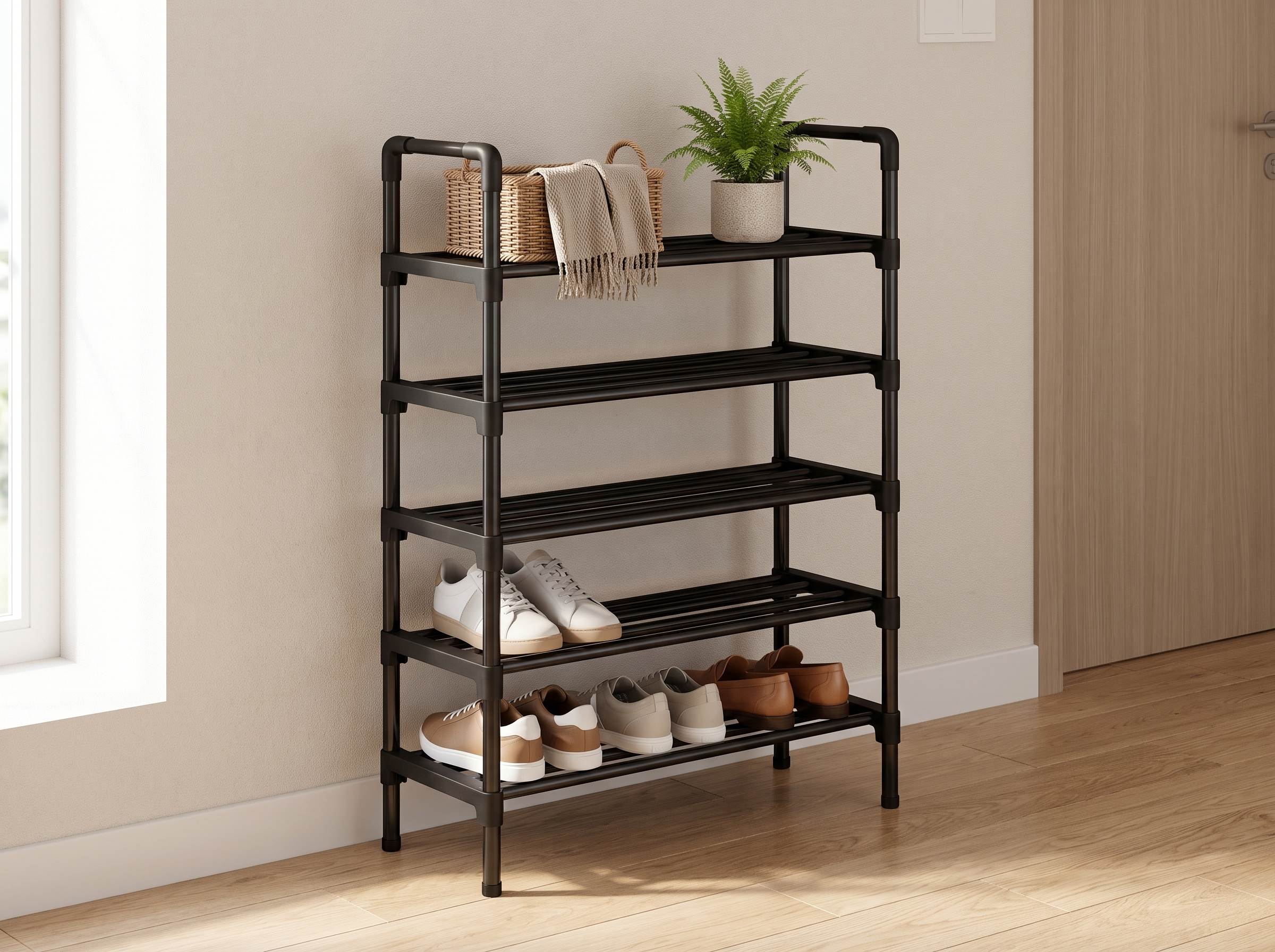 Narrow 5-Tier Stackable Shoe Rack for Entryway, Closet, or Bedroom in a realistic home setting
