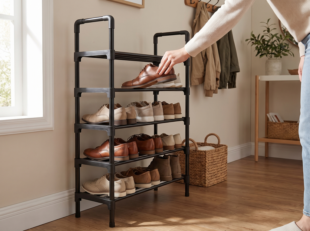Narrow 5-Tier Stackable Shoe Rack for Entryway, Closet, or Bedroom shown in natural everyday use at home