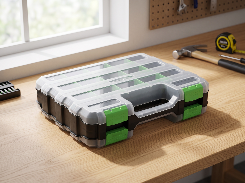 Double-Sided 34-Compartment Hardware Organizer Box with Removable Dividers in a realistic home setting