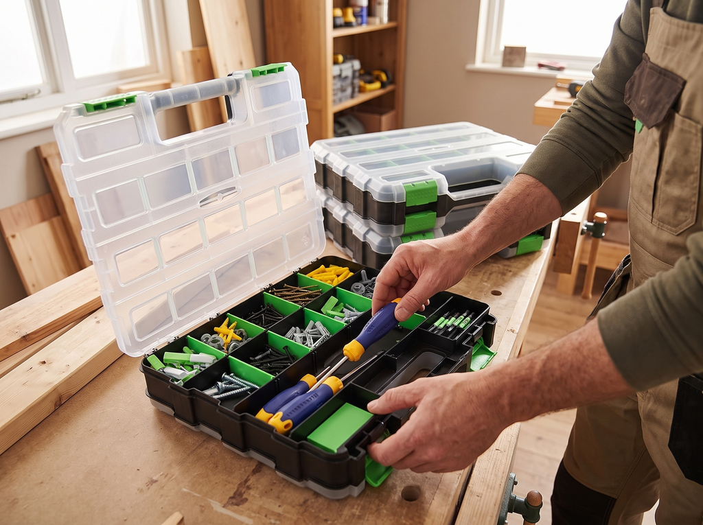 Double-Sided 34-Compartment Hardware Organizer Box with Removable Dividers shown in natural everyday use at home