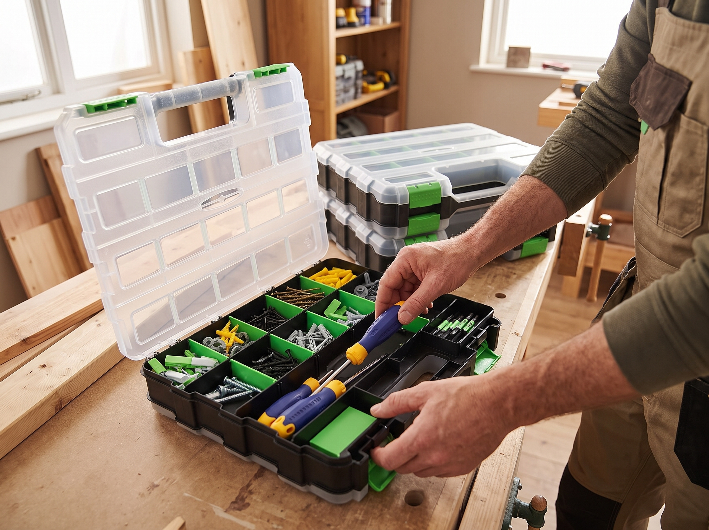 Double-Sided 34-Compartment Hardware Organizer Box with Removable Dividers shown in natural everyday use at home