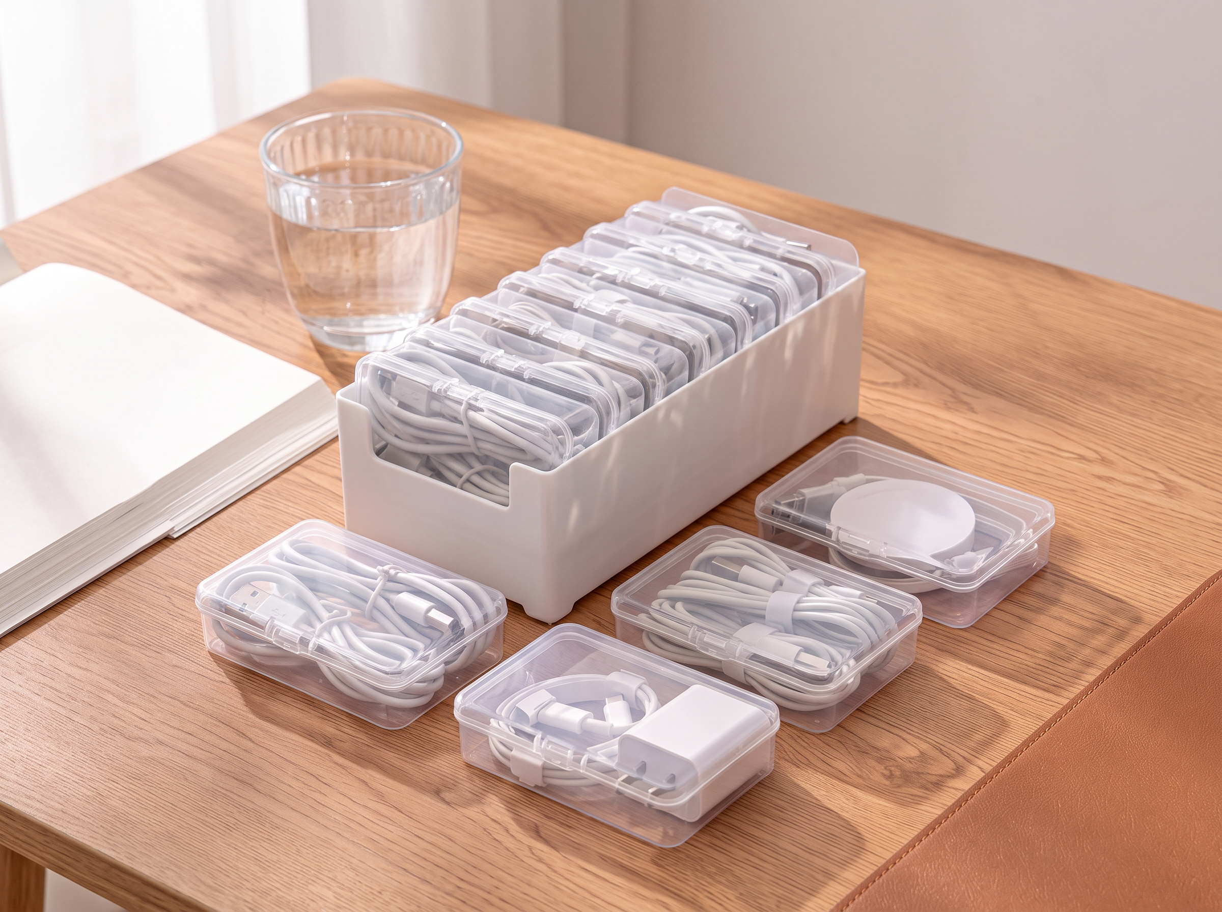 Stackable Cable Storage Box Set for Desk Drawers and Home Office Organization in a realistic home setting