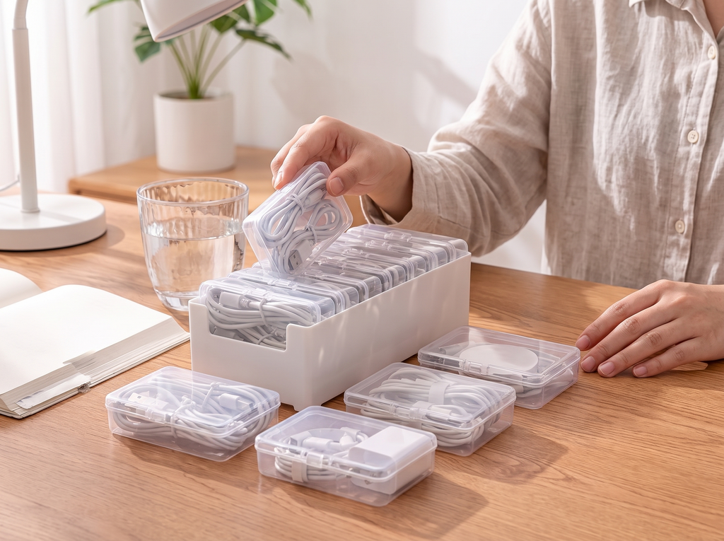 Stackable Cable Storage Box Set for Desk Drawers and Home Office Organization shown in natural everyday use at home