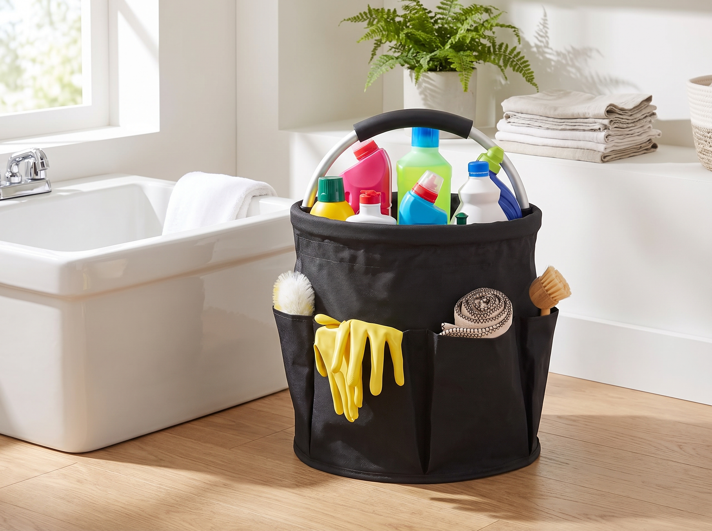 Foldable 17L Cleaning Caddy with Handle and Pockets for Organizing Supplies in a realistic home setting