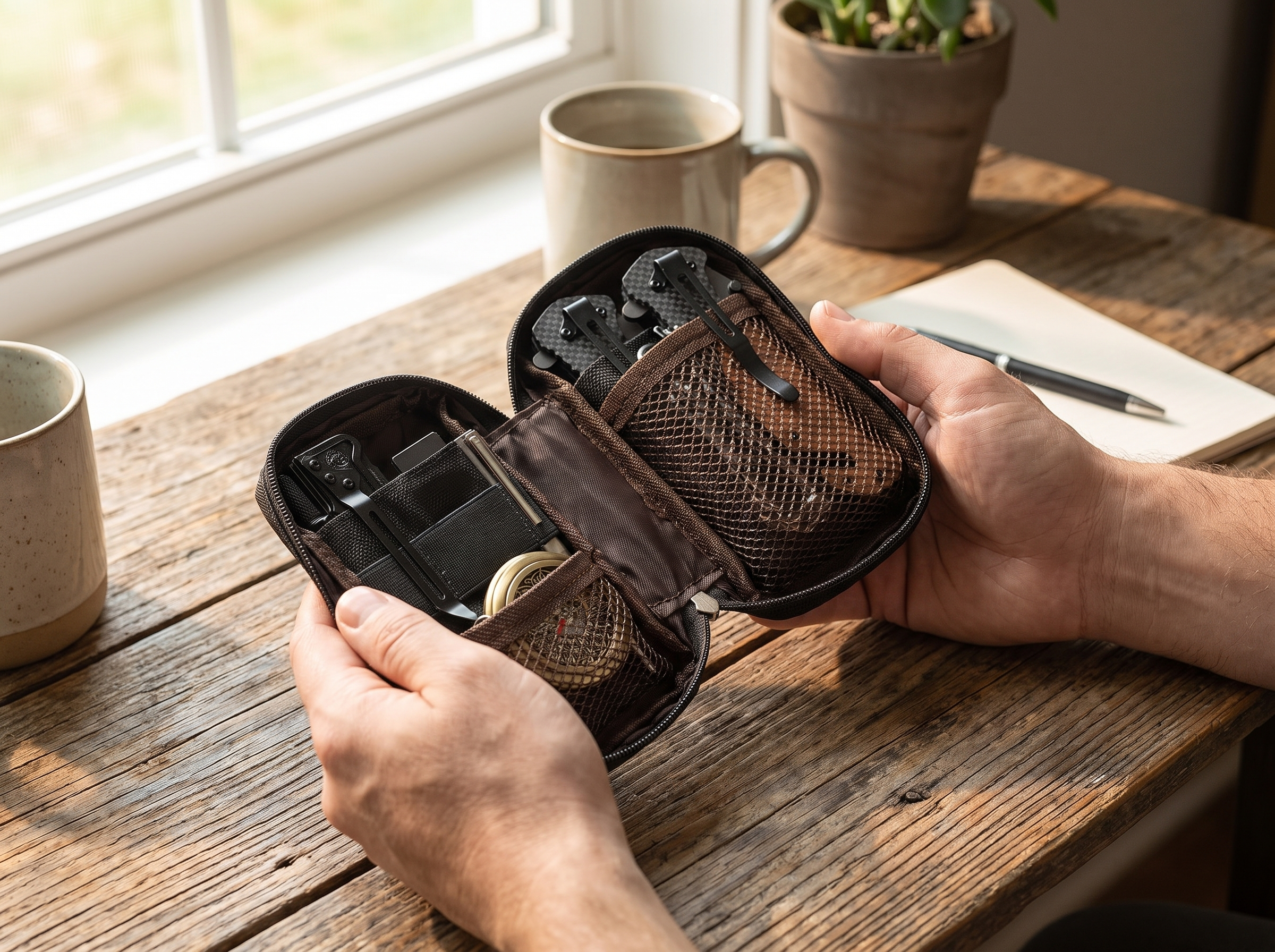 Compact Utility Organizer Pouch for Everyday Tools and Gear, 3 Colors shown in natural everyday use at home
