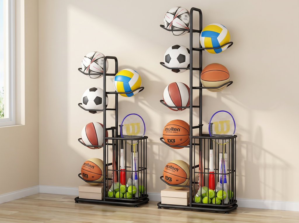Freestanding Sports Equipment and Ball Storage Rack for Home or Garage in a realistic home setting