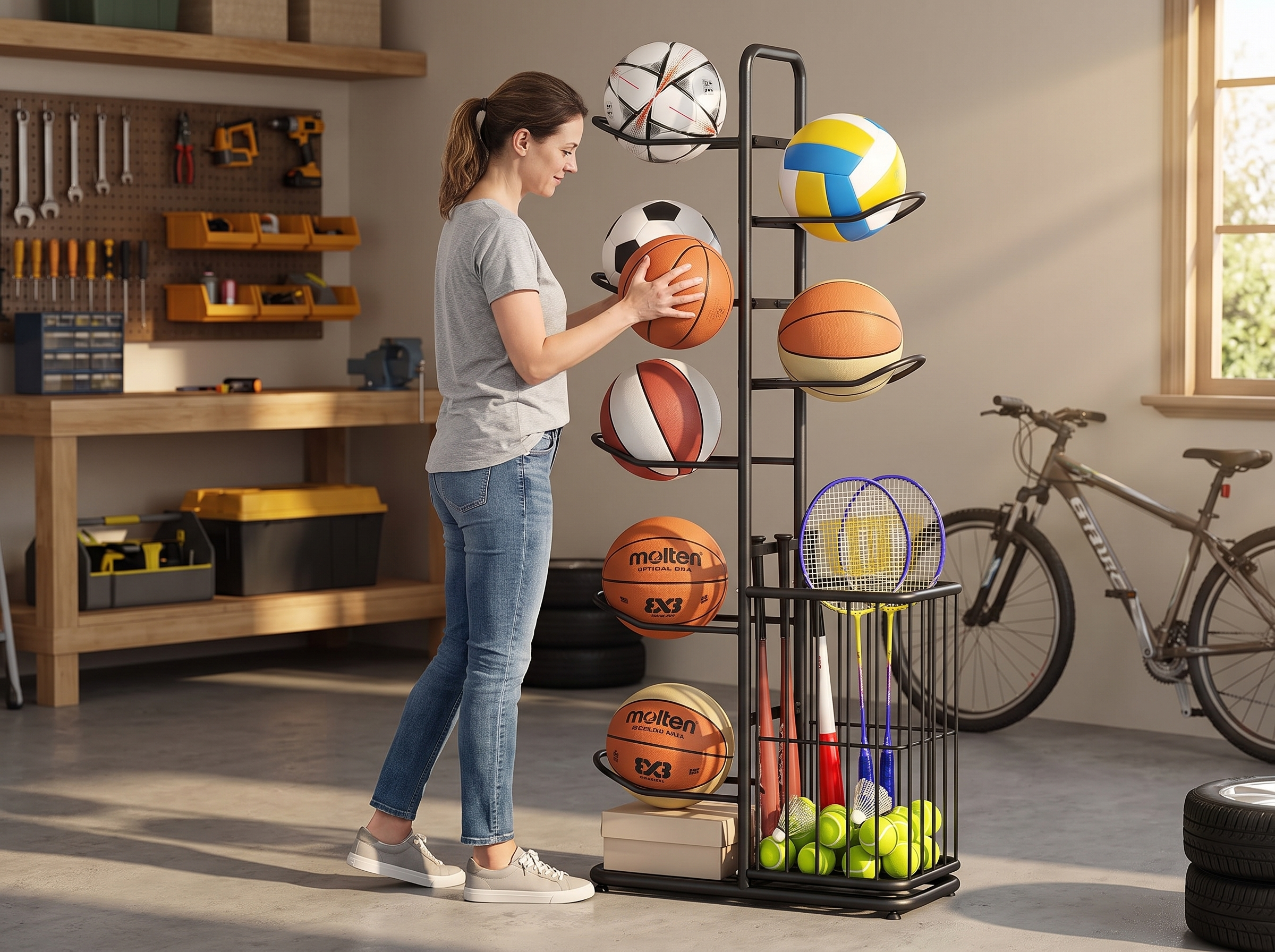 Freestanding Sports Equipment and Ball Storage Rack for Home or Garage shown in natural everyday use at home