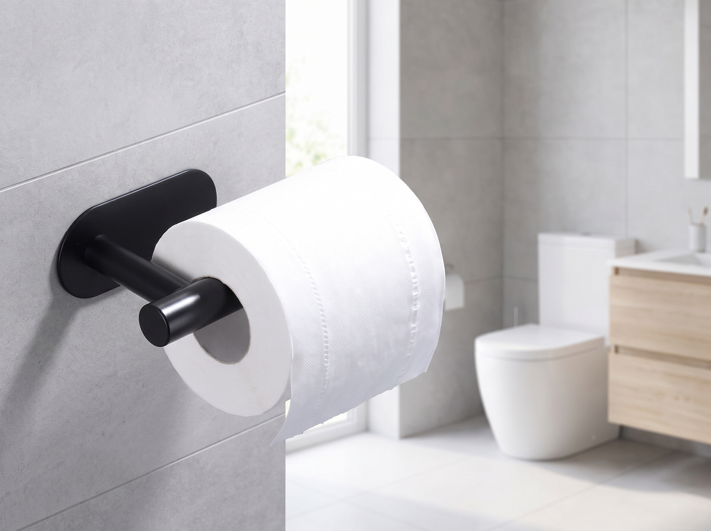 Adhesive Stainless Steel Toilet Paper or Paper Towel Holder, No-Drill, Multiple Colors in a realistic home setting