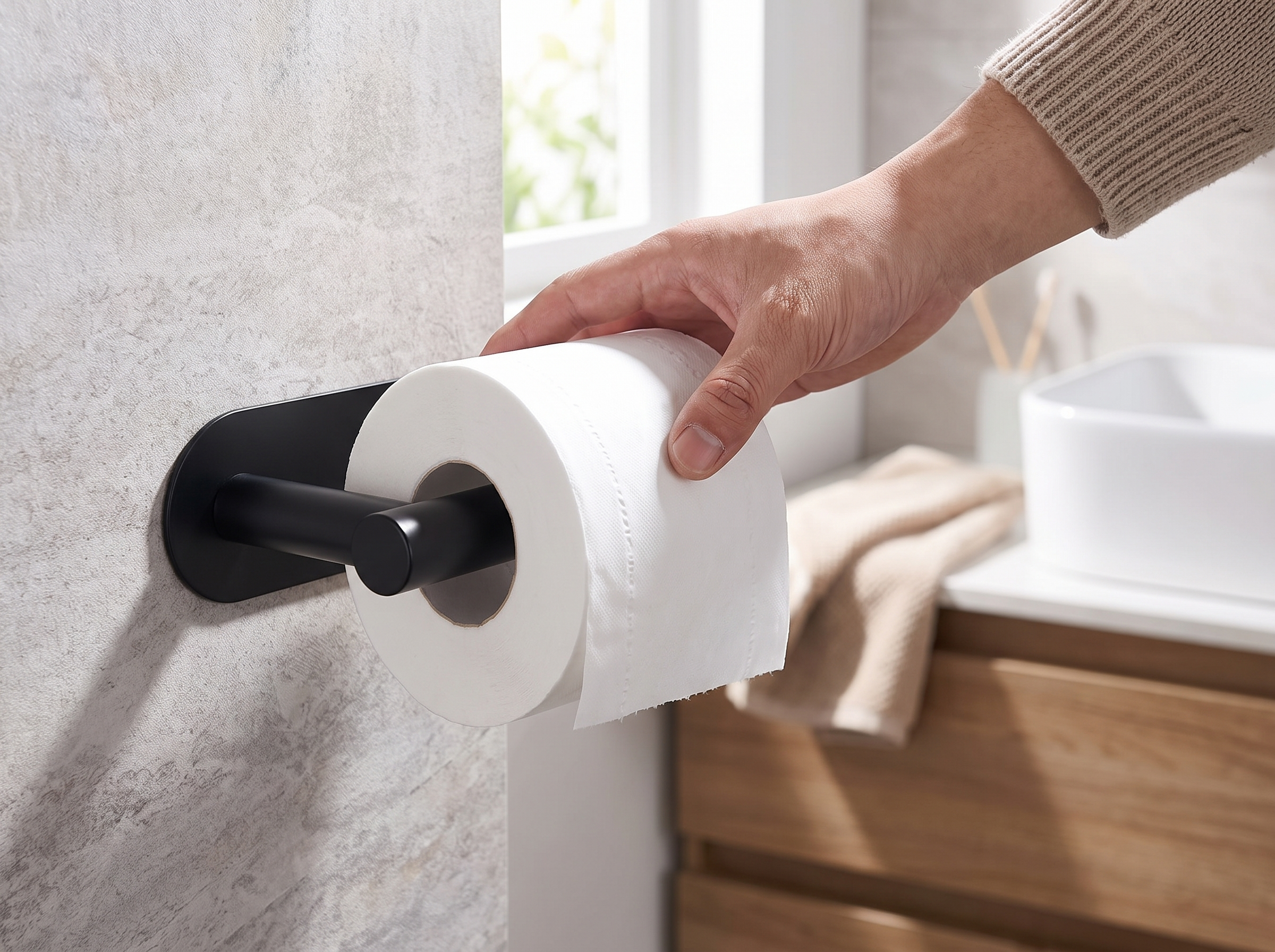 Adhesive Stainless Steel Toilet Paper or Paper Towel Holder, No-Drill, Multiple Colors shown in natural everyday use at home