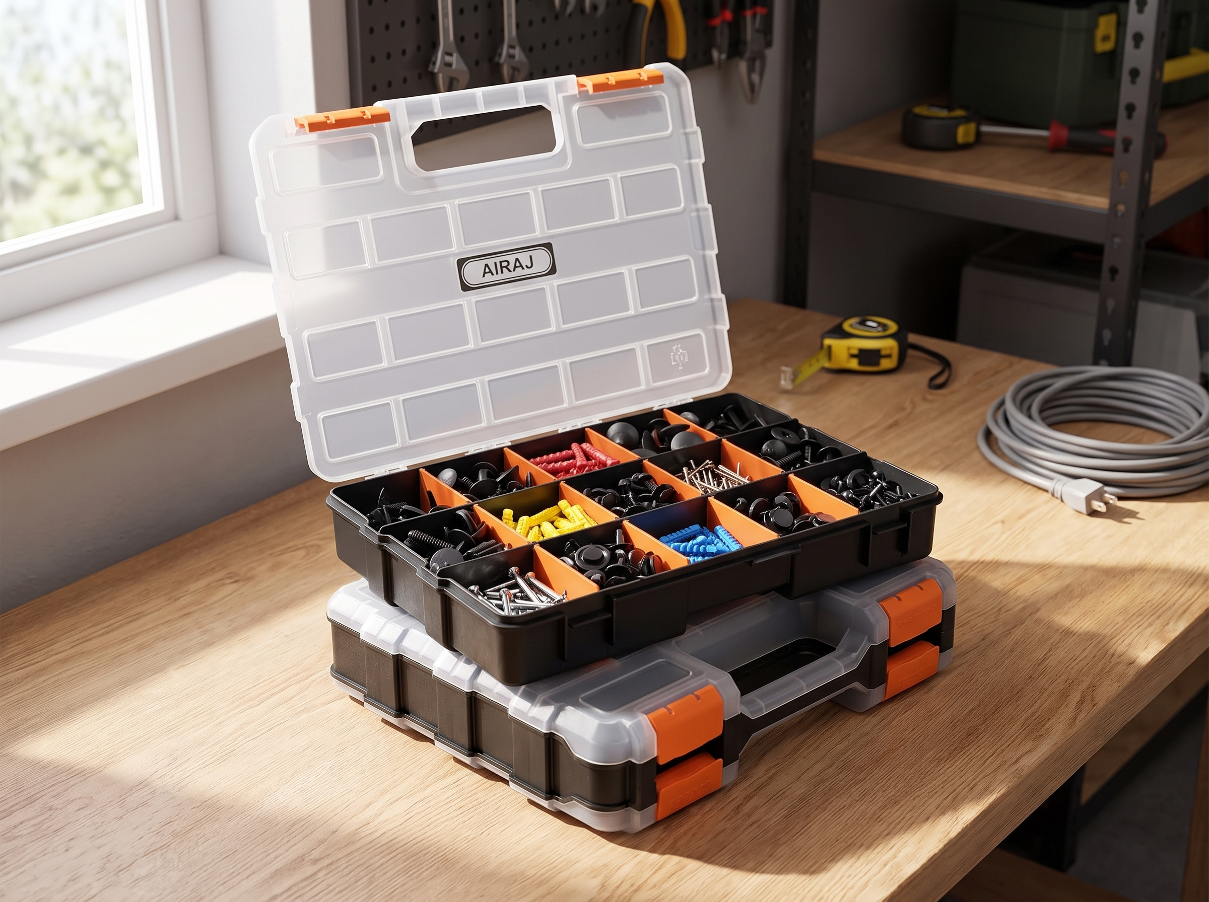 Double-Sided Small Parts Organizer with 34 Adjustable Compartments in a realistic home setting