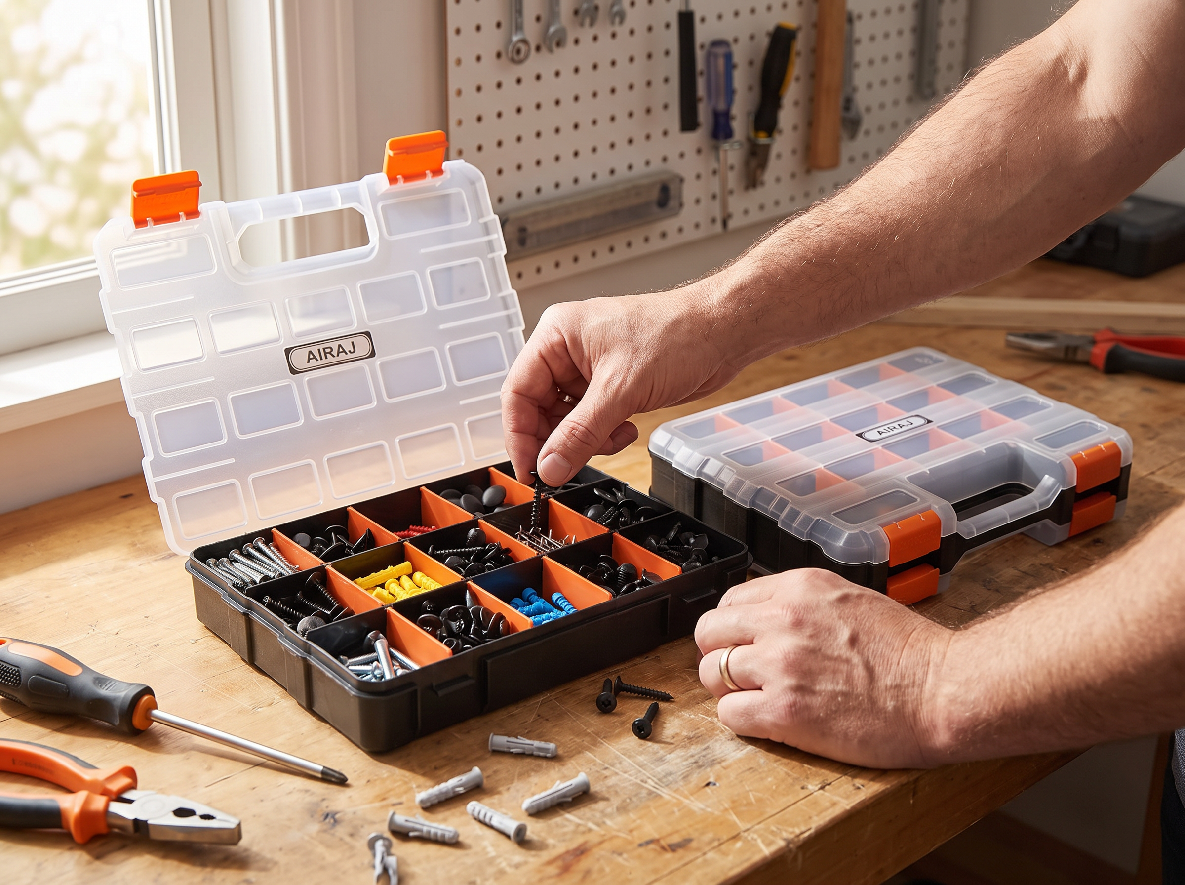 Double-Sided Small Parts Organizer with 34 Adjustable Compartments shown in natural everyday use at home