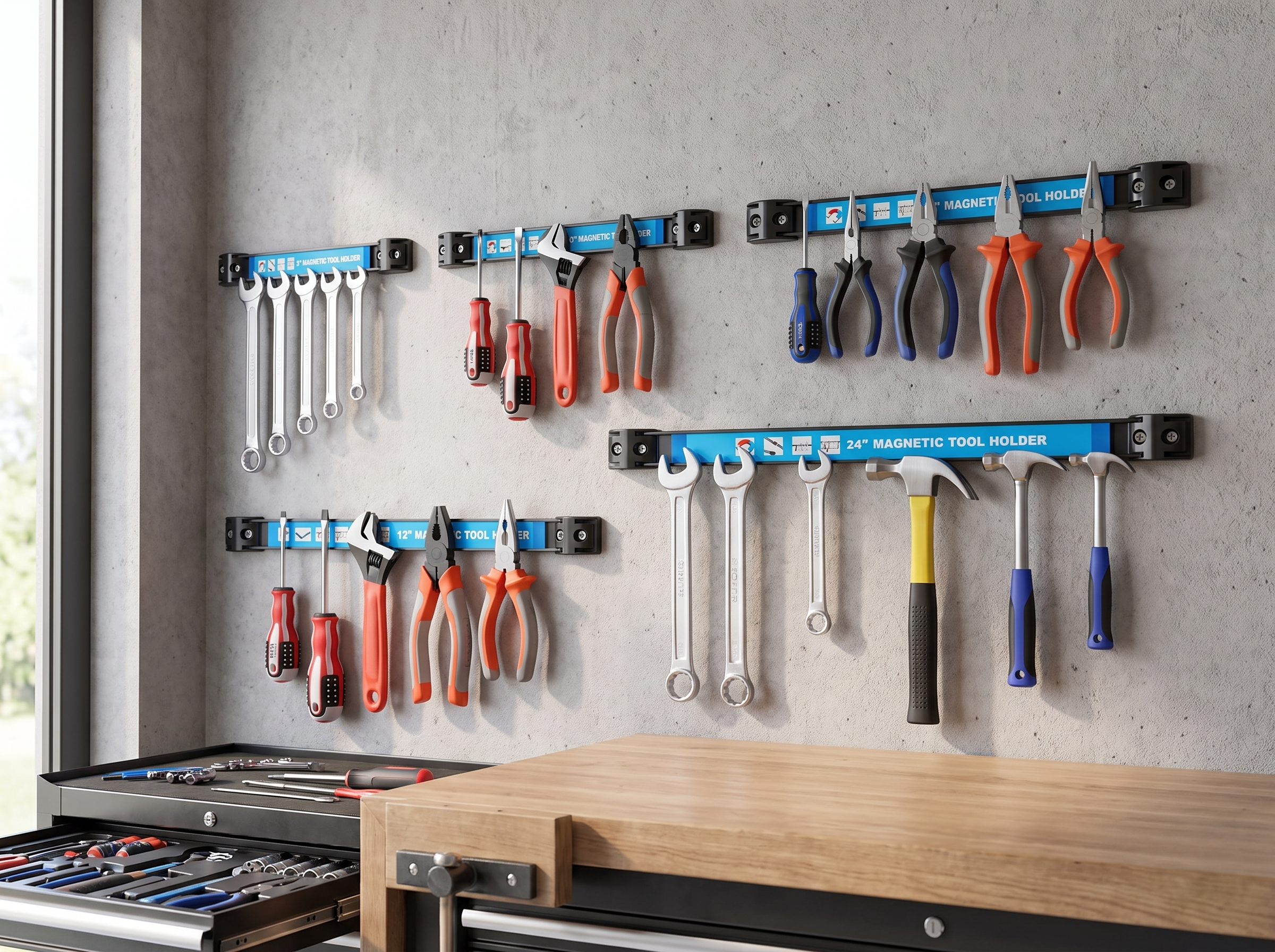 Magnetic Tool Holder Strip for Wall-Mounted Storage in Garage, Kitchen, or Workspace in a realistic home setting