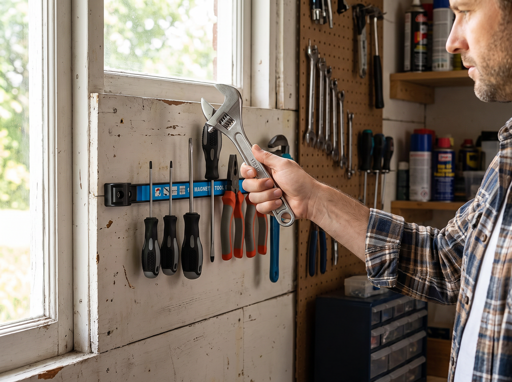 Magnetic Tool Holder Strip for Wall-Mounted Storage in Garage, Kitchen, or Workspace shown in natural everyday use at home