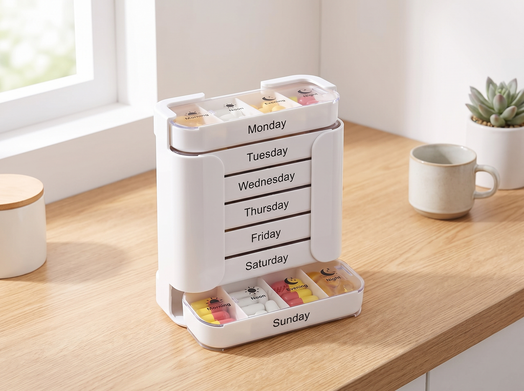 Weekly Pill Organizer with 28 Compartments for Morning, Noon, Evening, and Night in a realistic home setting