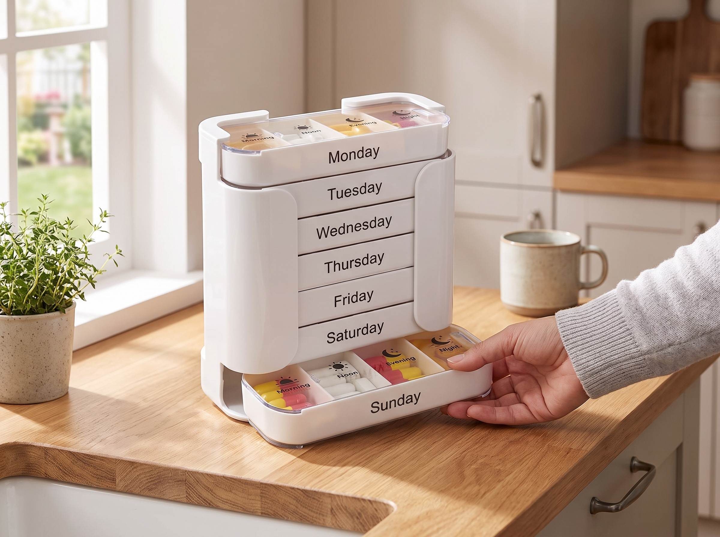 Weekly Pill Organizer with 28 Compartments for Morning, Noon, Evening, and Night shown in natural everyday use at home