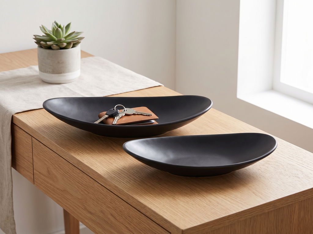 Matte Black Oval Ceramic Tray for Keys, Jewelry, or Everyday Entryway Catch-All in a realistic home setting