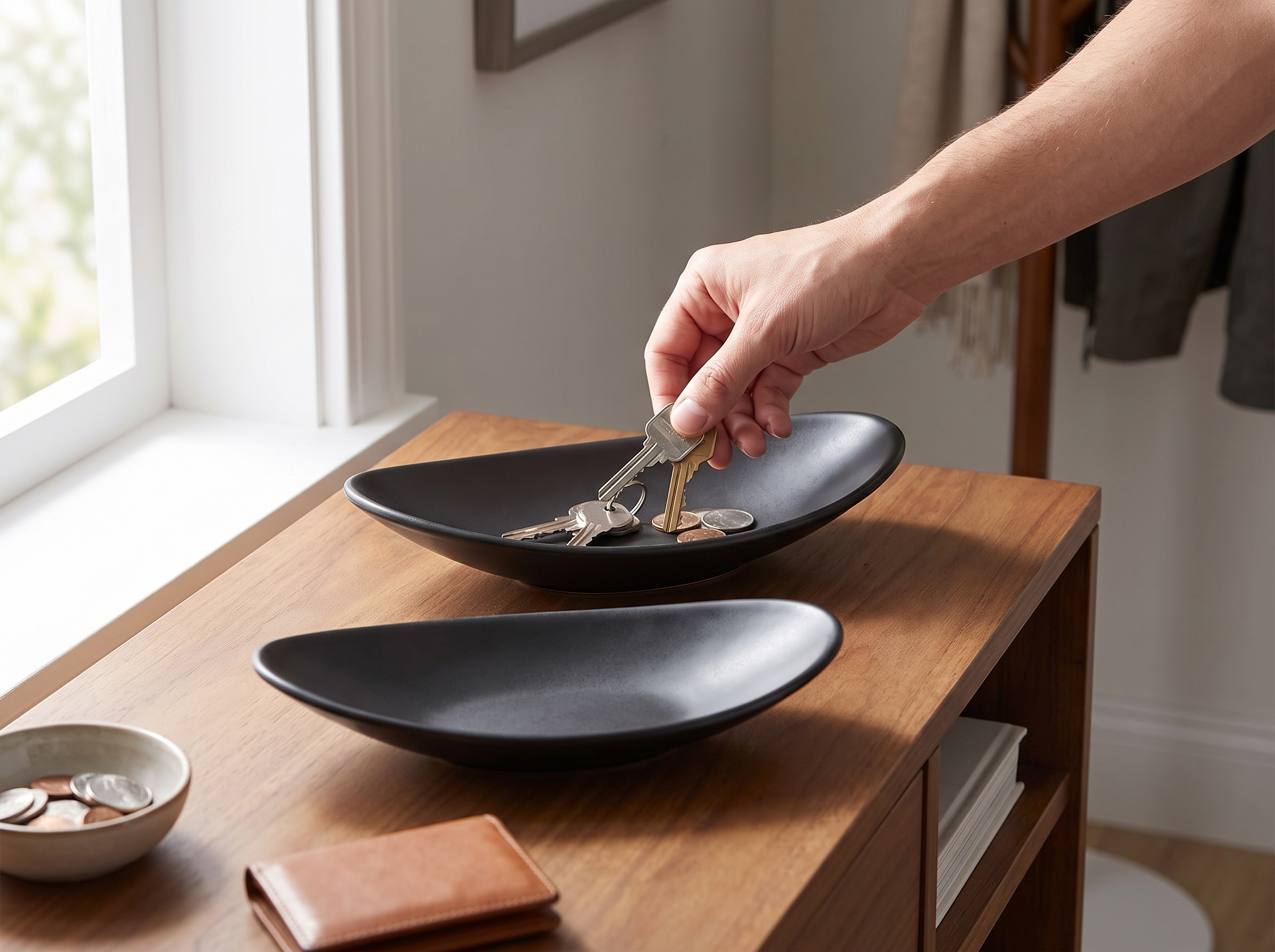 Matte Black Oval Ceramic Tray for Keys, Jewelry, or Everyday Entryway Catch-All shown in natural everyday use at home