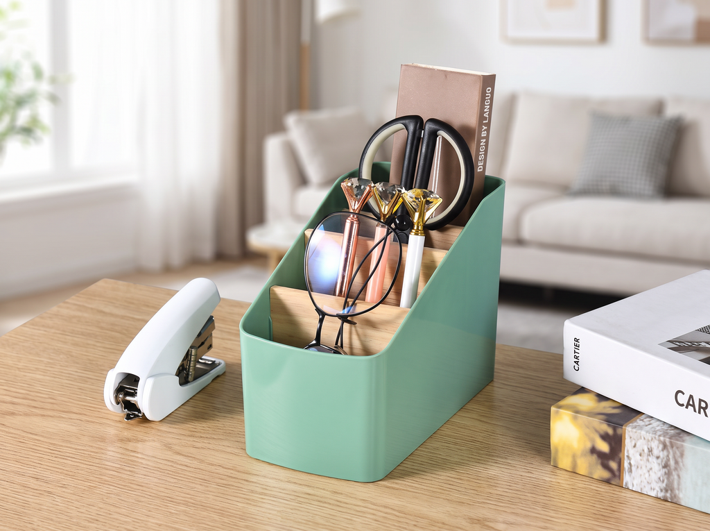 Tiered Remote and Desk Organizer with Wood Dividers for Living Room or Bedroom in a realistic home setting