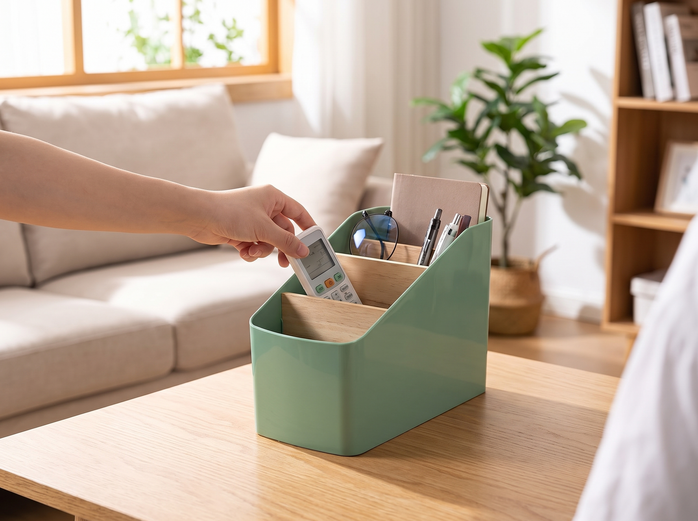 Tiered Remote and Desk Organizer with Wood Dividers for Living Room or Bedroom shown in natural everyday use at home