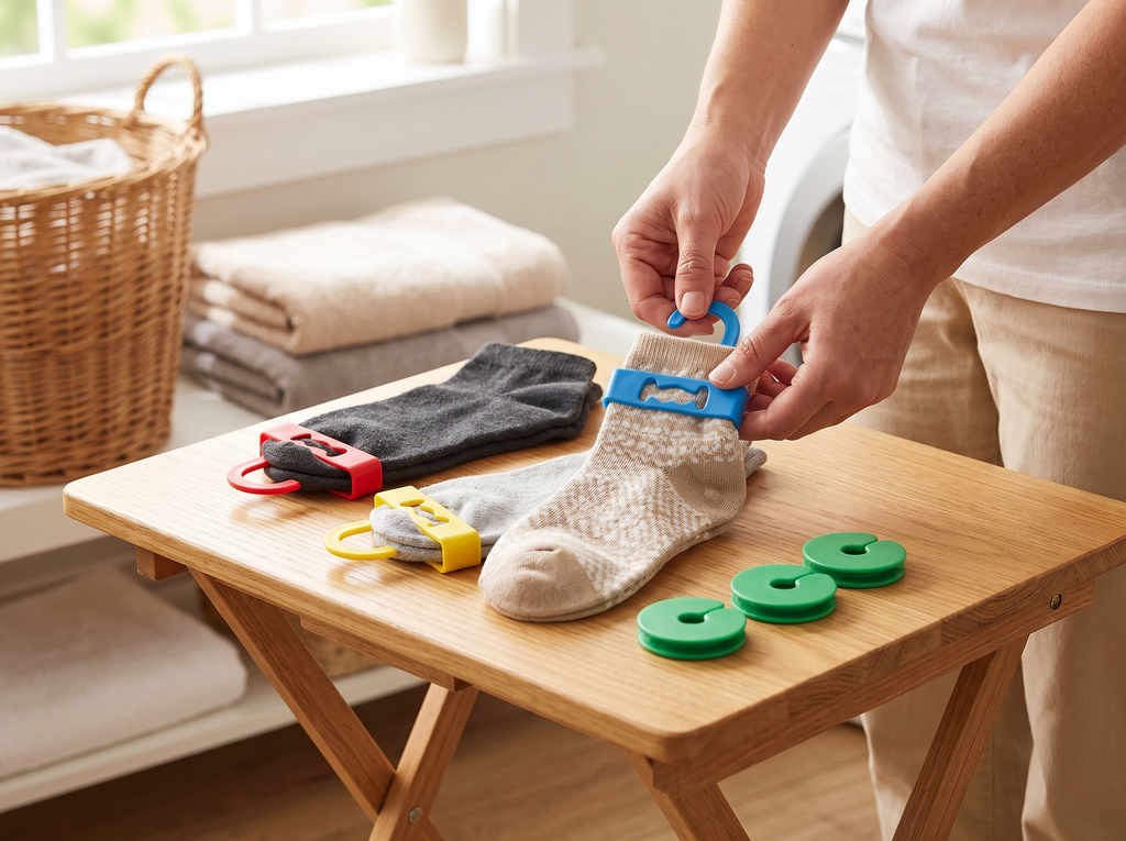 Colorful Sock Holders – 20-Pack Laundry Clips for Pairing and Organizing Socks shown in natural everyday use at home