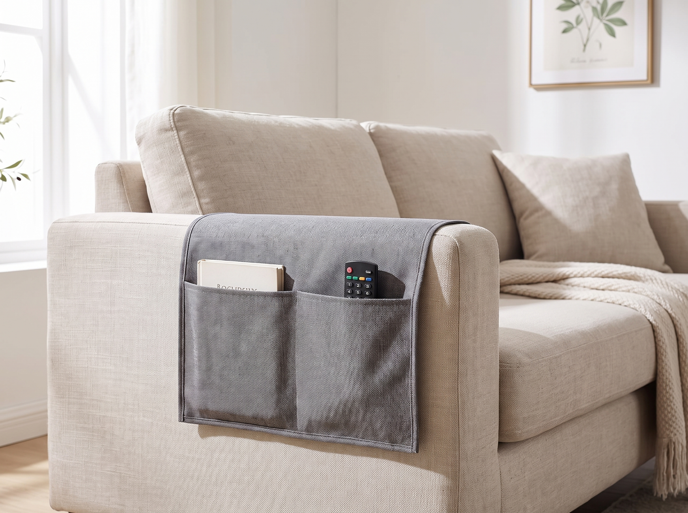 Fabric Sofa Armrest Organizer with Pockets – Tidy Storage for Remotes, Books, or Snacks in a realistic home setting
