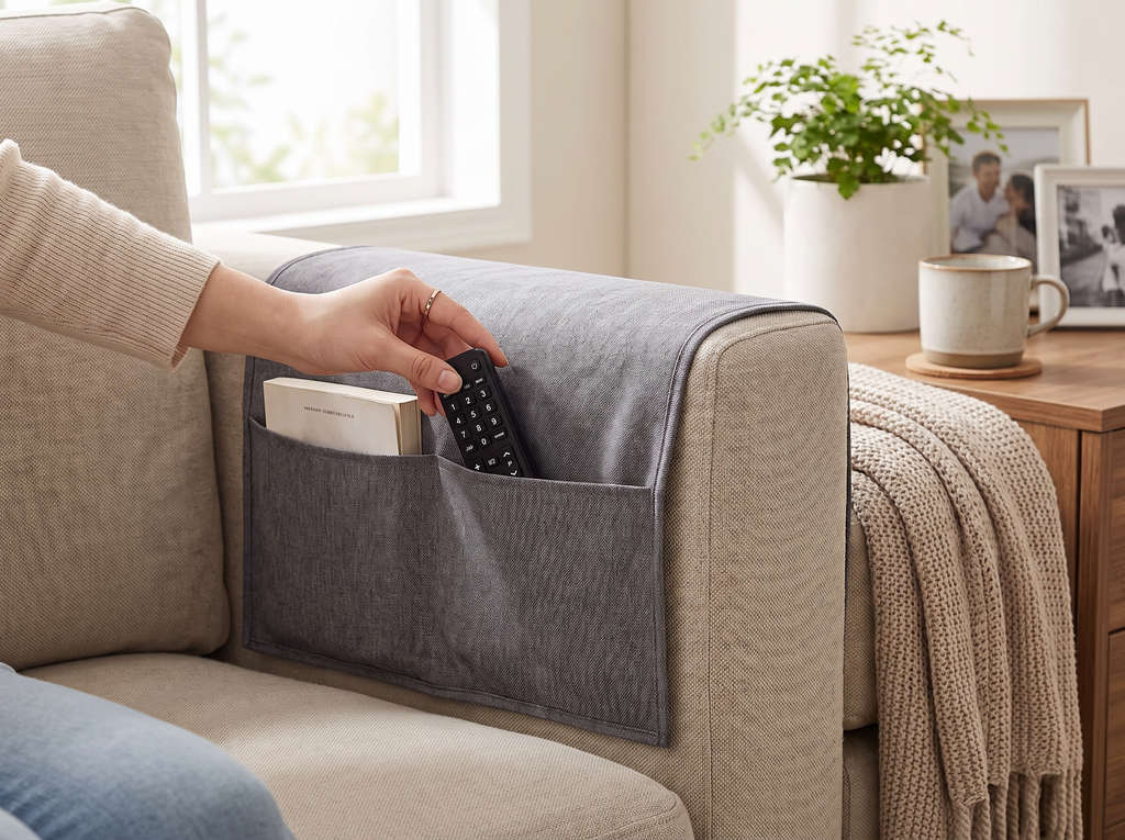 Fabric Sofa Armrest Organizer with Pockets – Tidy Storage for Remotes, Books, or Snacks shown in natural everyday use at home