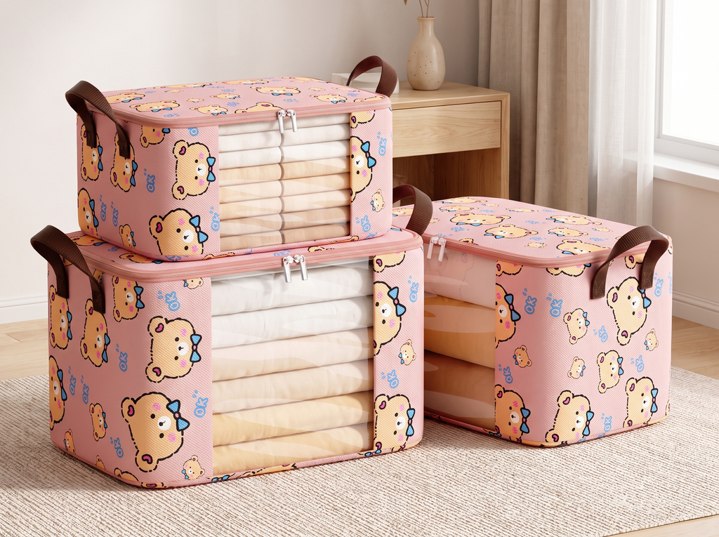 Large Foldable Clothing and Bedding Storage Bag with Clear Window and Bear Print in a realistic home setting