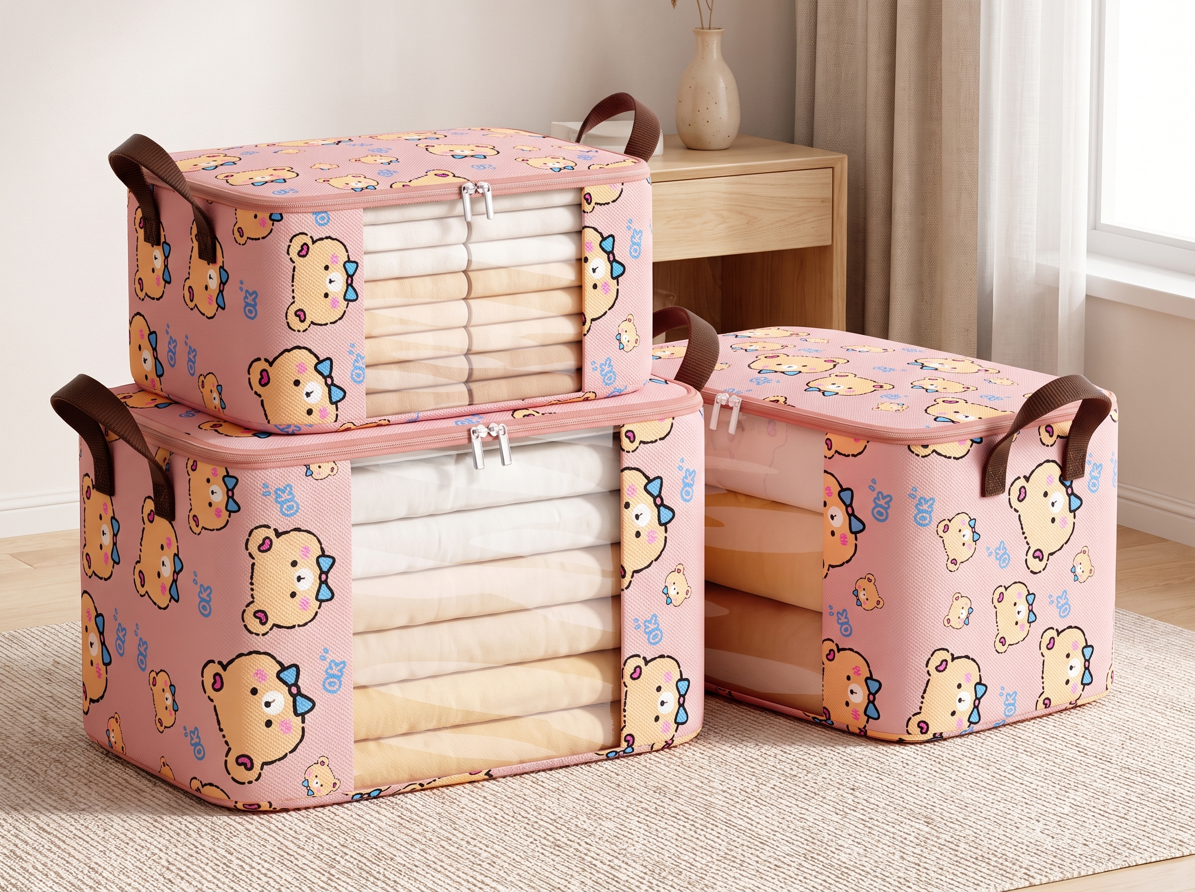 Large Foldable Clothing and Bedding Storage Bag with Clear Window and Bear Print in a realistic home setting