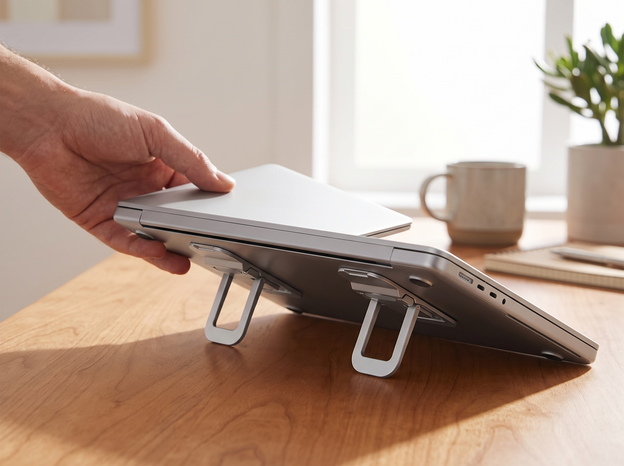 Mini Foldable Adhesive Laptop Riser Stand – Set of 2, Adjustable Angles shown in natural everyday use at home