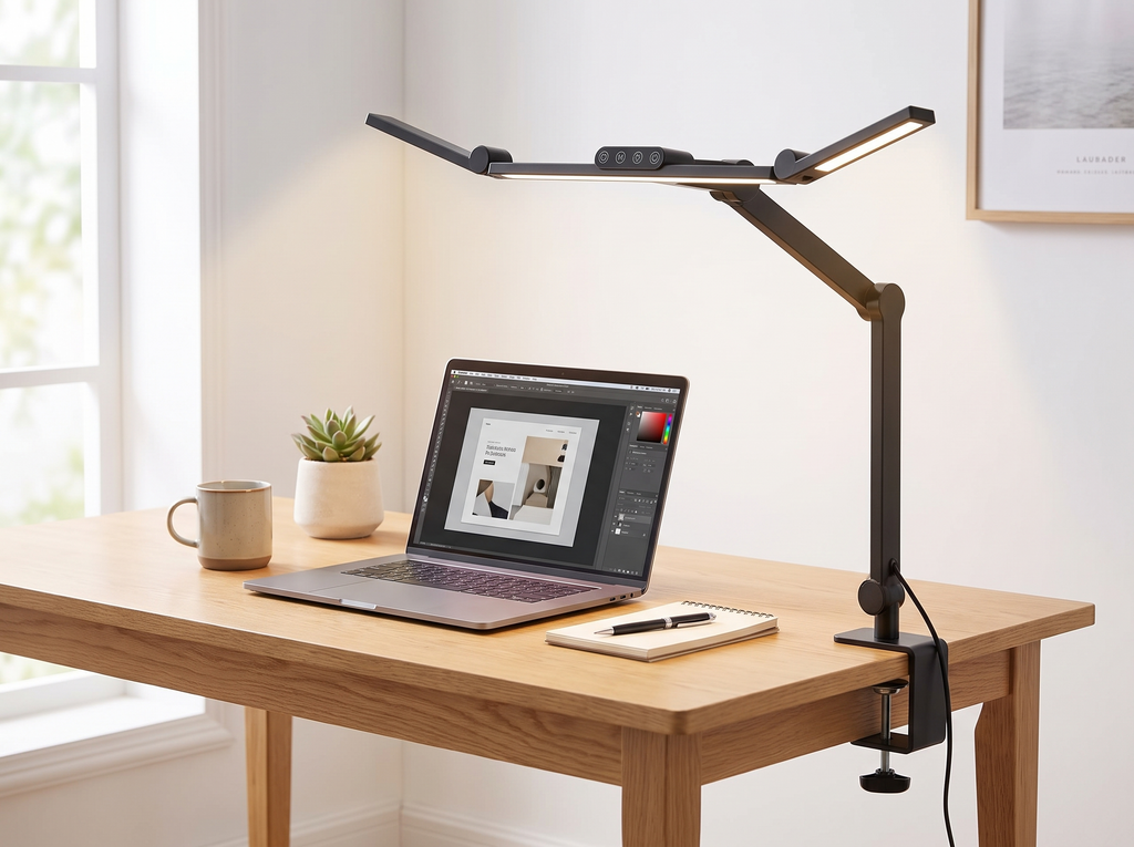 Adjustable LED Clamp Desk Lamp with Dimmable Light for Flexible Home Office Use in a realistic home setting