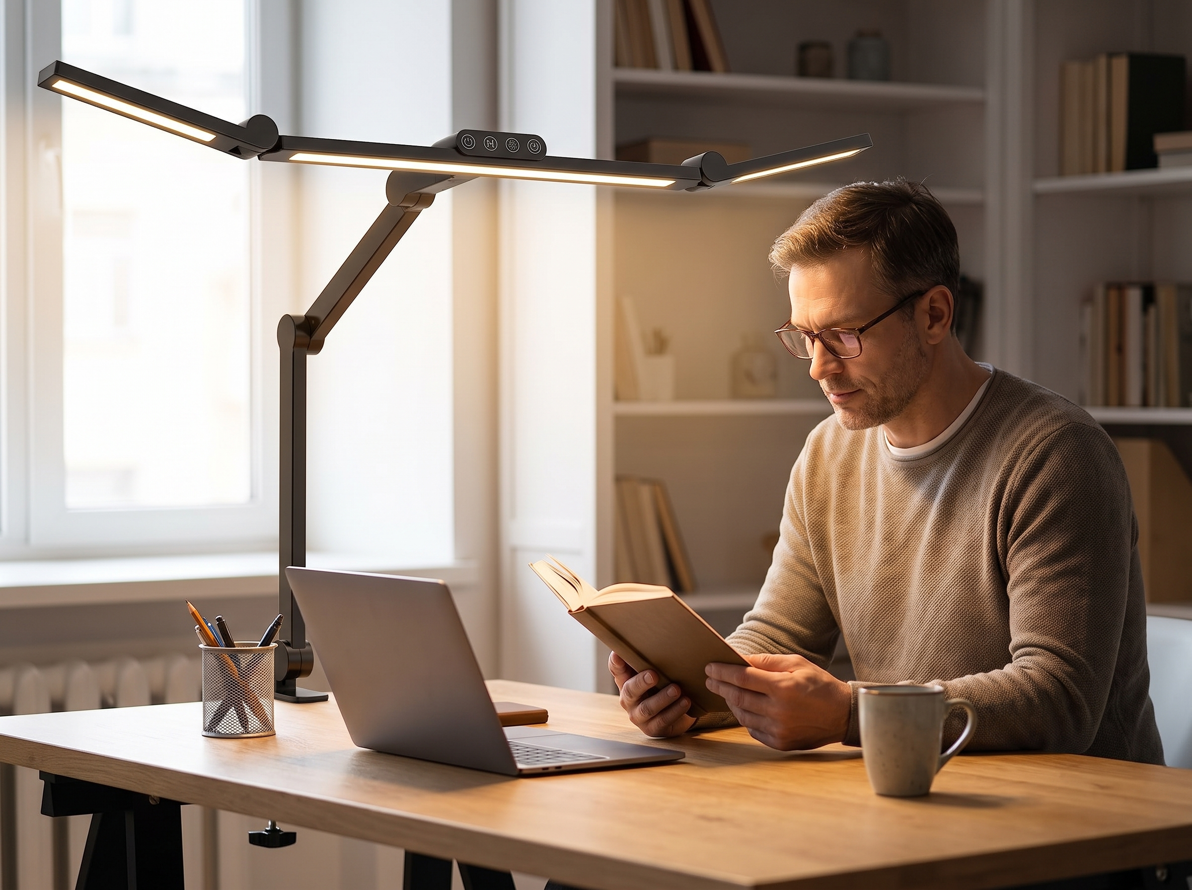 Adjustable LED Clamp Desk Lamp with Dimmable Light for Flexible Home Office Use shown in natural everyday use at home
