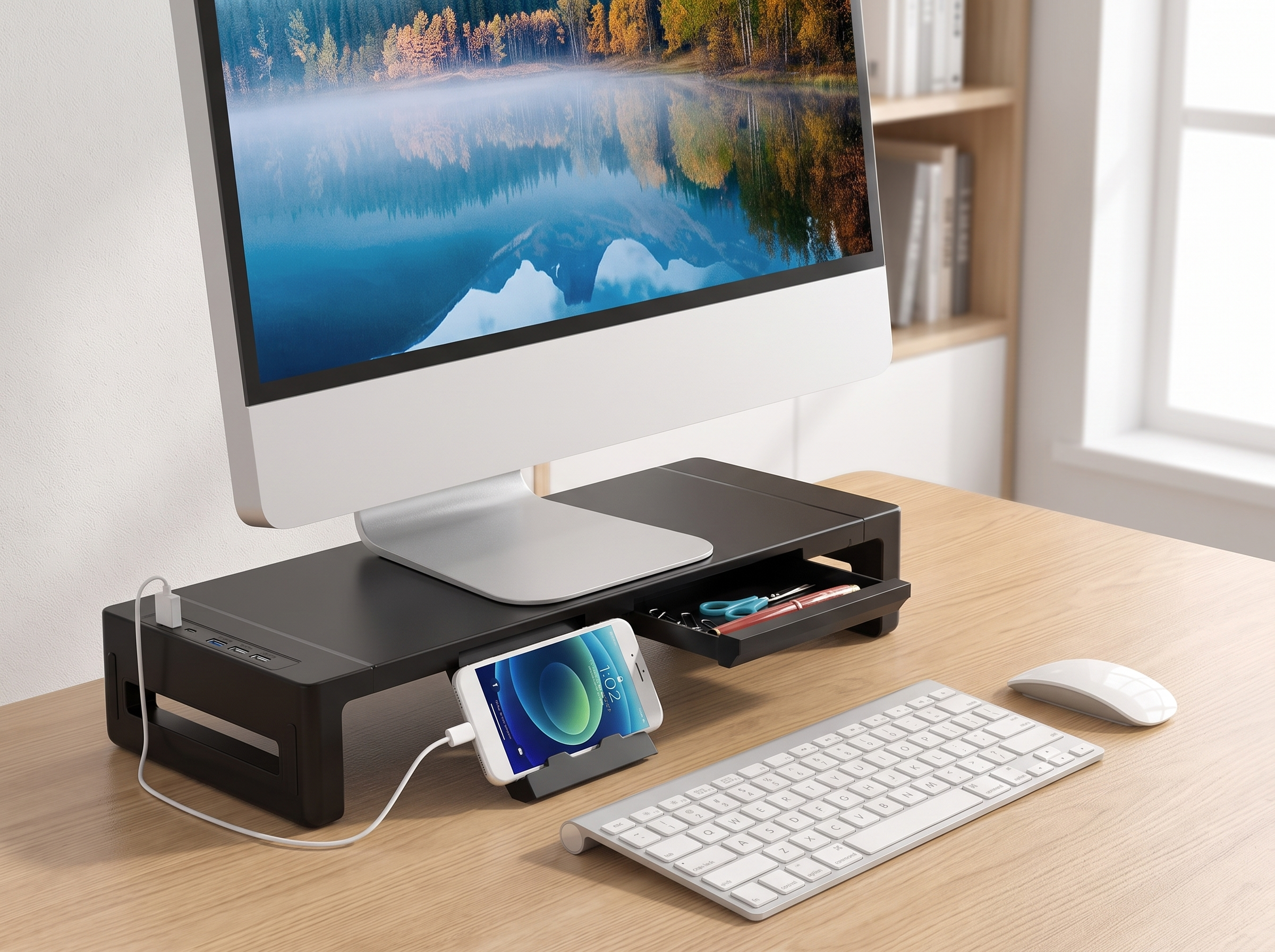 Height Adjustable Monitor Riser with Drawer and USB Hub for Desk Organization in a realistic home setting