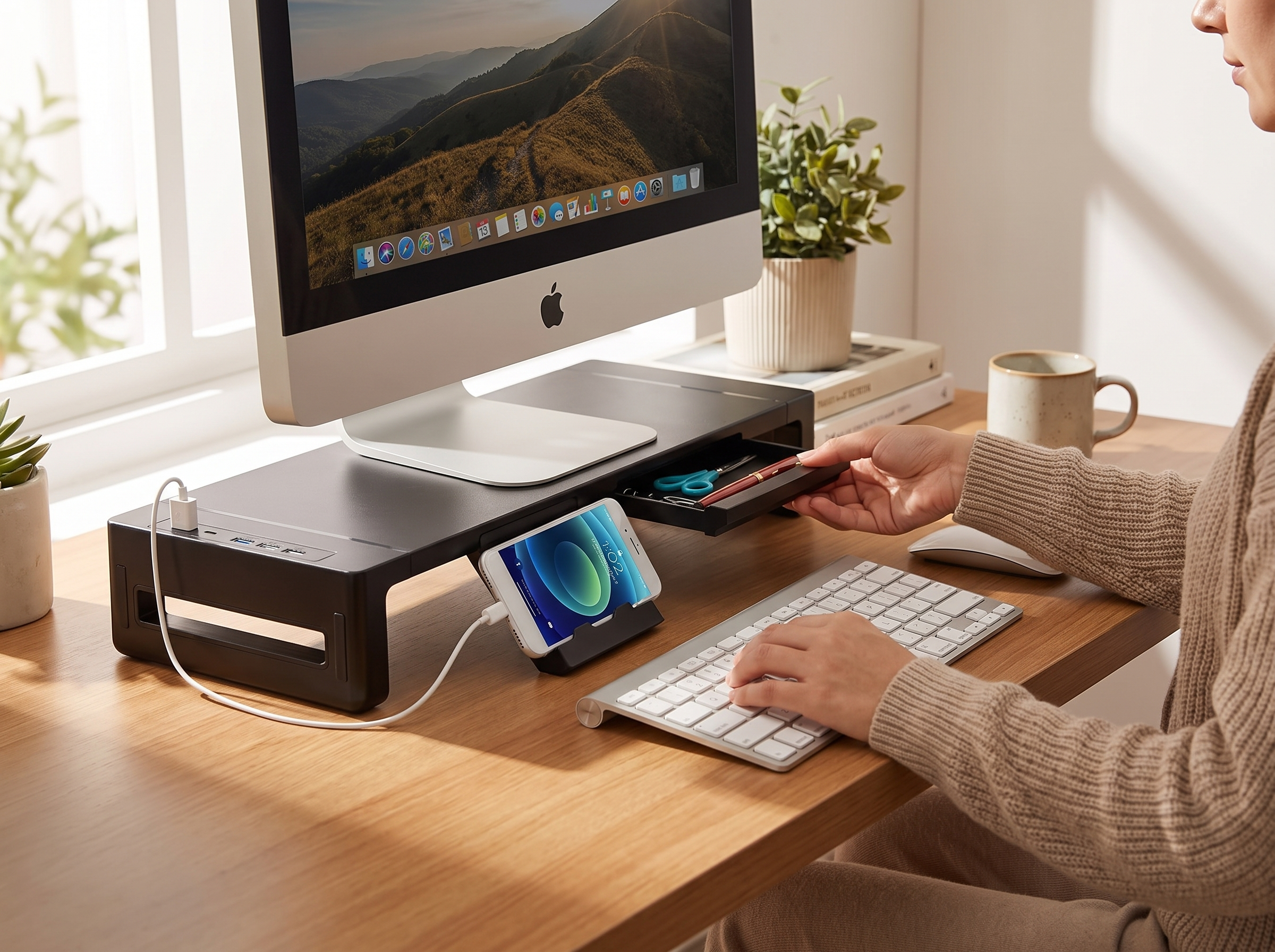 Height Adjustable Monitor Riser with Drawer and USB Hub for Desk Organization shown in natural everyday use at home