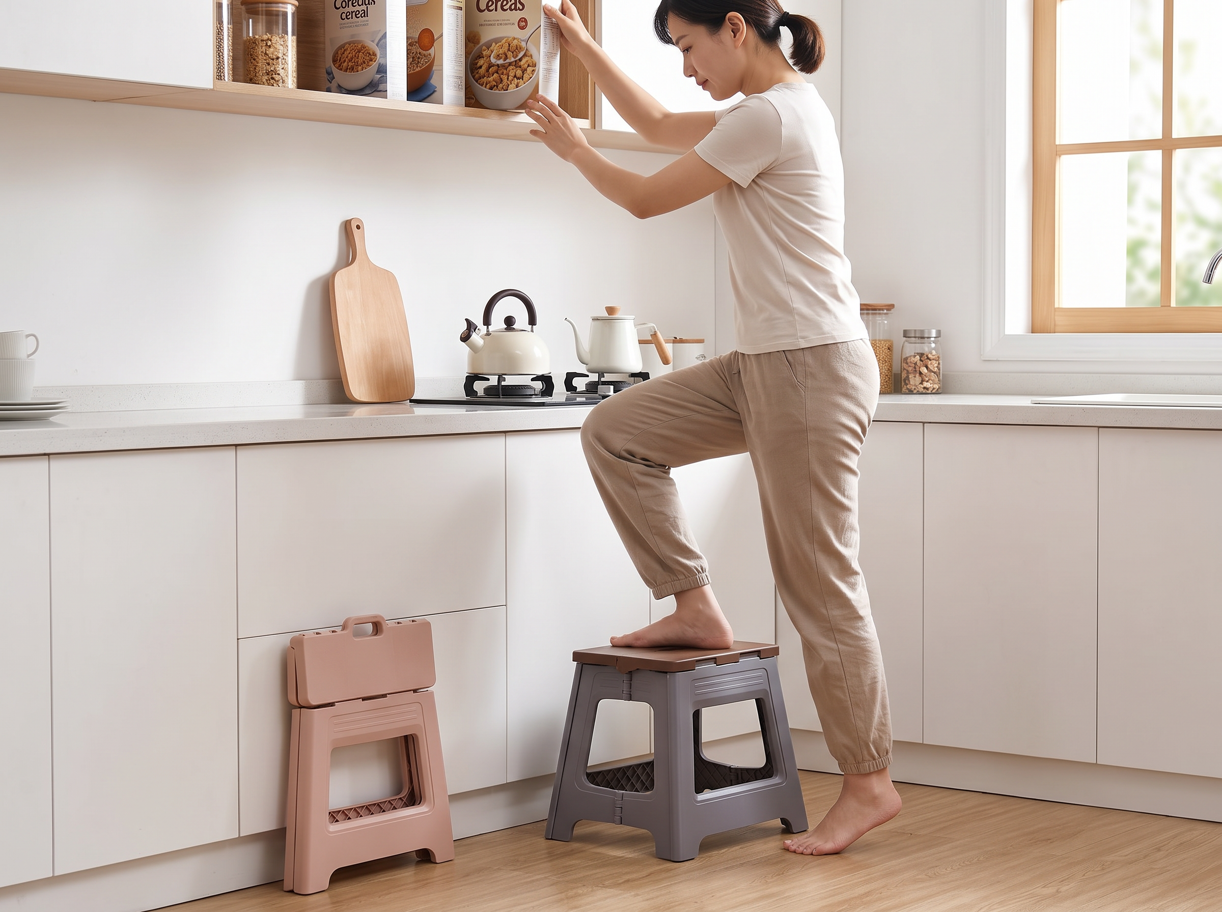 Foldable Step Stool for Kitchen, Bathroom, or Bedroom – Lightweight & Easy Storage shown in natural everyday use at home