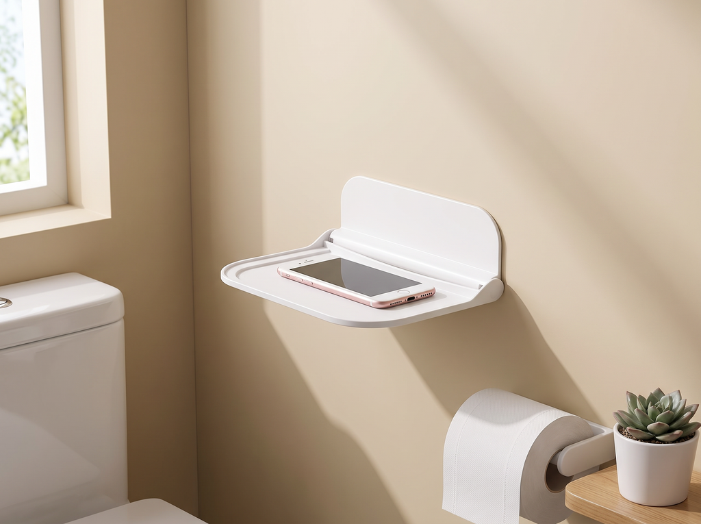 Foldable Wall-Mounted Shelf with No-Drill Adhesive for Bathroom, Kitchen, or Bedside in a realistic home setting