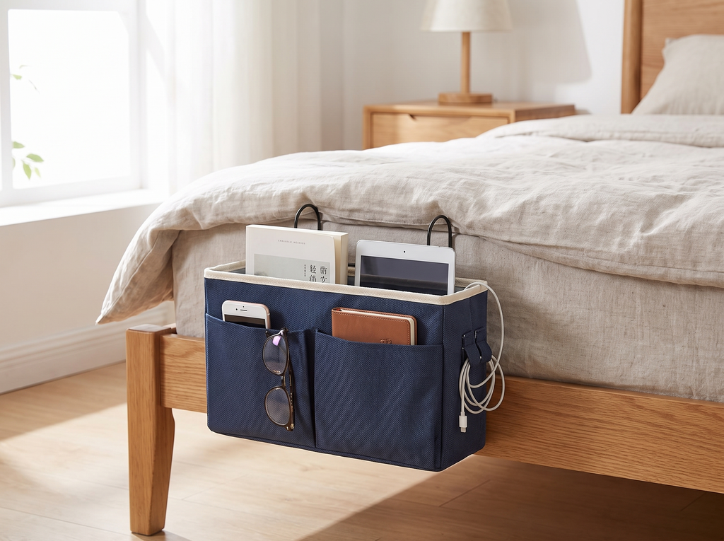 Hanging Bedside Caddy Organizer with Pockets for Bed, Dorm, or Desk Storage in a realistic home setting