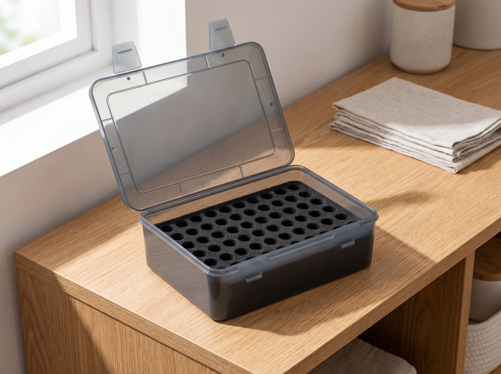 Compact Battery Organizer Box for AA and AAA Batteries, 54-Slot Storage Case in a realistic home setting