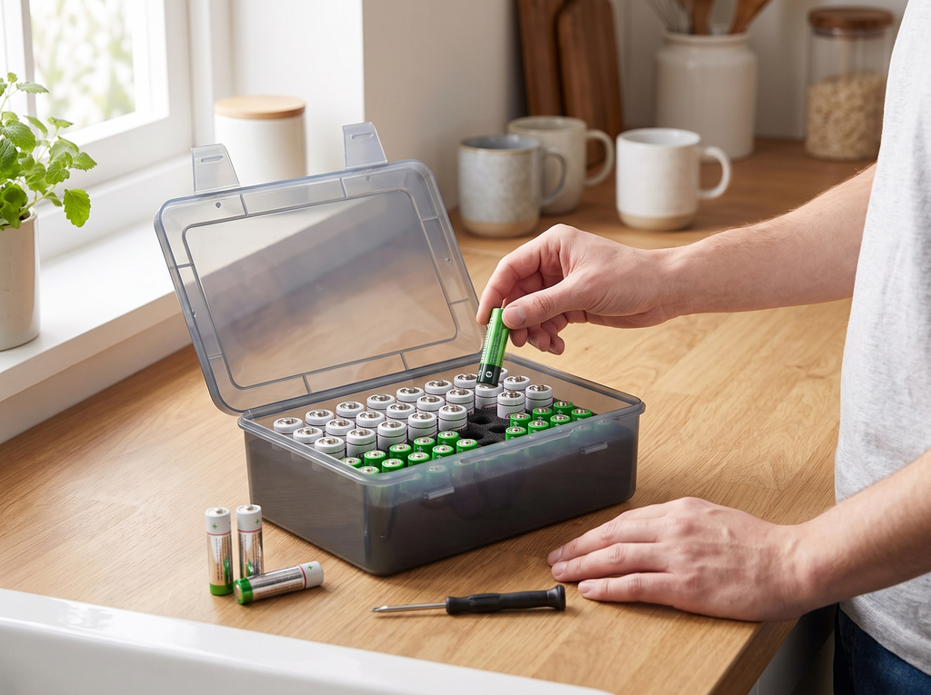 Compact Battery Organizer Box for AA and AAA Batteries, 54-Slot Storage Case shown in natural everyday use at home